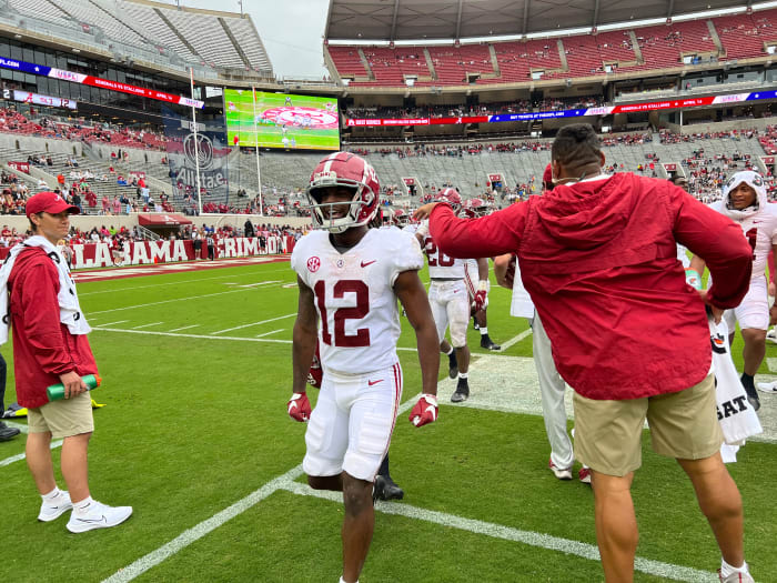 Christian Leary celebrates touchdown in 2022 A-Day game